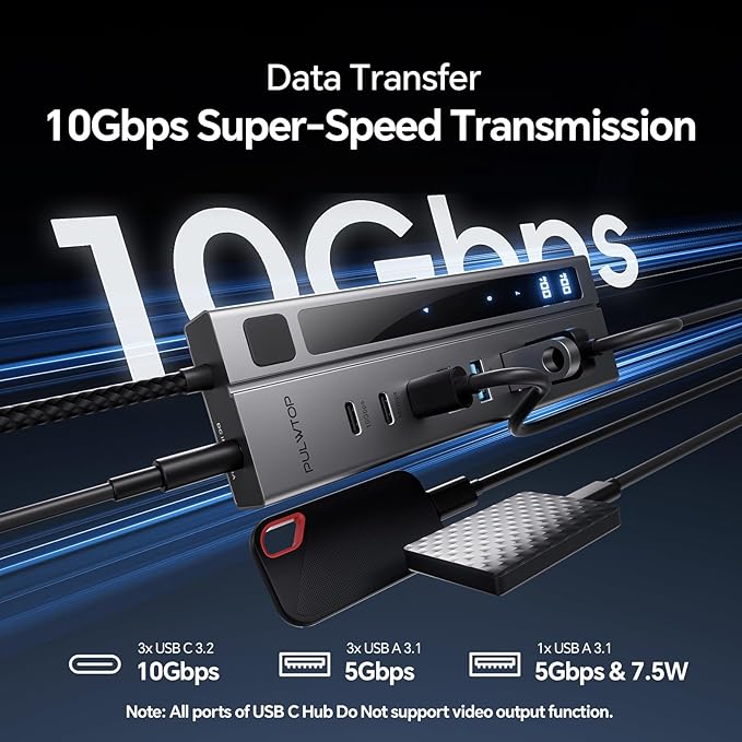 Powered USB C Hub, PULWTOP 11-in-1 Power Hub with SD/TF, 2*USB-C 10Gbps, 4*USB-A 5/10Gbps and 2 * 24/45W Type-C PD Charging Ports (Not Support Video), USB Powered Hub 72W DC Adapter Included
