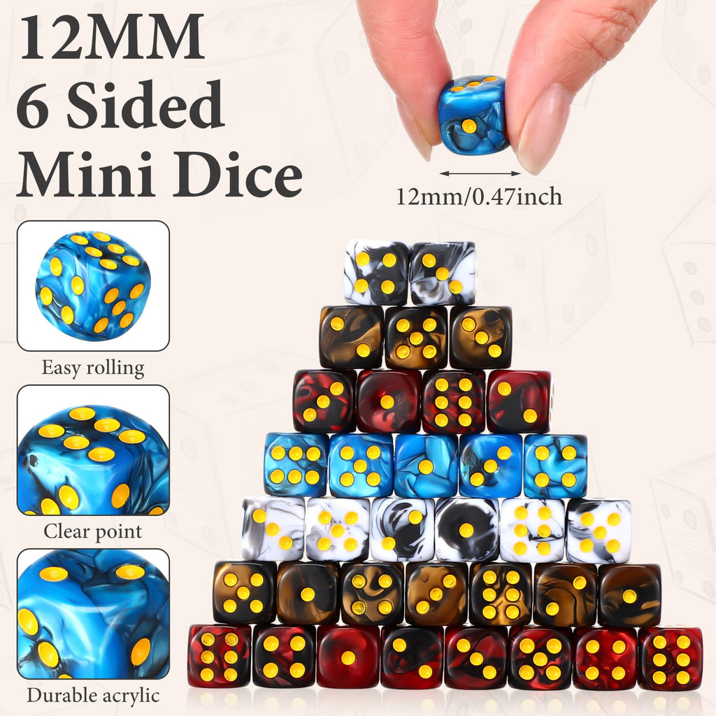 Foilswirl 144 Pcs 12mm 6 Sided Mini Dice Set for School Classroom Table Games D6 Game Standard Dice with Portable Plastic Box for Teaching Math Learning (Classic Color)