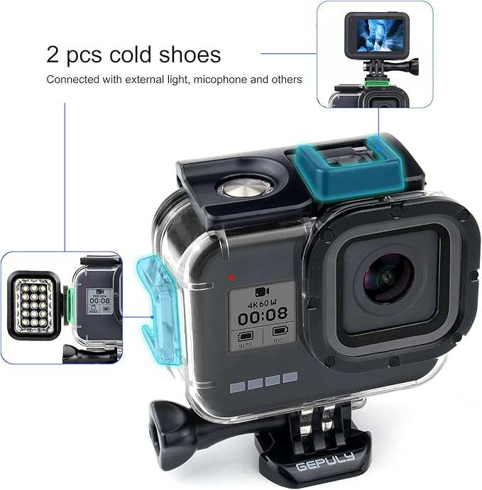 Waterproof Housing Case for GoPro Hero 8 Black - 60M(196ft) Protective Underwater Diving Shell Mount with 2 Cold Shoe Adapters Bracket Accessories Action Camera