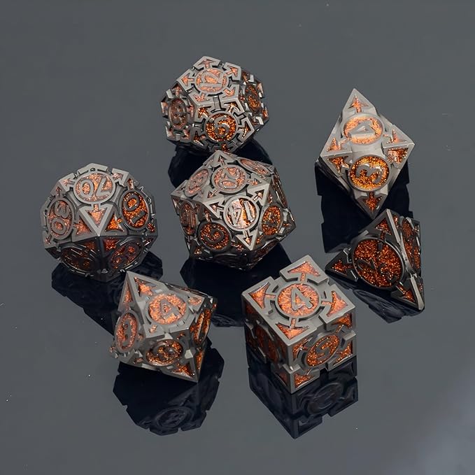 Orange Black Nickel Finish Heavy Metal DND Dice Set (Bard) with A Metal Box, Sharp Edge Zinc Alloy D&D Accessories, D4-D20, Designed for Dungeons & Dragons Master, RPG Player, Starter