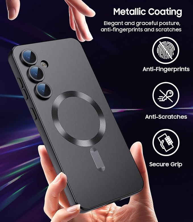 Magnetic for Samsung Galaxy S24 Plus Case [Compatible with MagSafe][Built-in Camera Lens Protector] Slim Soft Silicone Bumper Shockproof Metallic Luster Phone Case (Black)