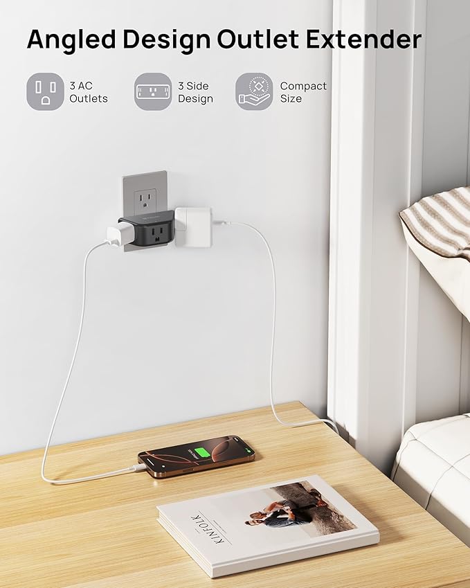 TROND Outlet Extender - 3 Prong Grounded Plug Extension Outlet, 3 Way Angled Wall Plug Splitter, Cruise Ship Essentials, Multiple Expander with 3 Electrical Sockets for Bathroom, Kitchen, Black