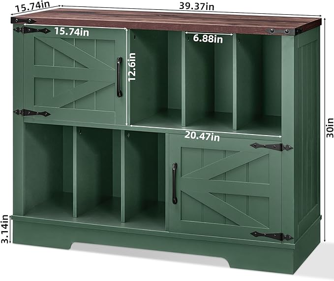 Large Record Player Stand with Vinyl Storage Up to 450 Albums, 39 Inch Farmhouse Wood Green Vinyl Records Storage Cabinet with Barn Doors, Mid-Century Accent Turntable Stand for Living Room