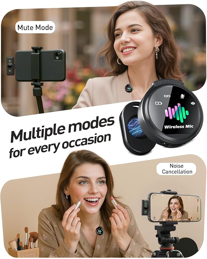 Wireless Lavalier Microphone for iPhone: 2PCS Mini Wireless Microphones for Android Equipment - Noise Reduction Lapel Mic for Professional Recording - 80h Battery Life - 48KHz Studio Sound