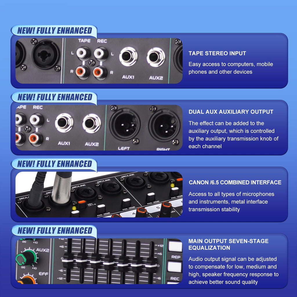 GF8 Pro Multi functional 8-channel Audio Mixer, Bluetooth DJ Mixing Console -7-level Stage Equalizer, 99 Sound Effects, Stage Independent Mute, Karaoke, Wedding Scene, Party DJ Mixer