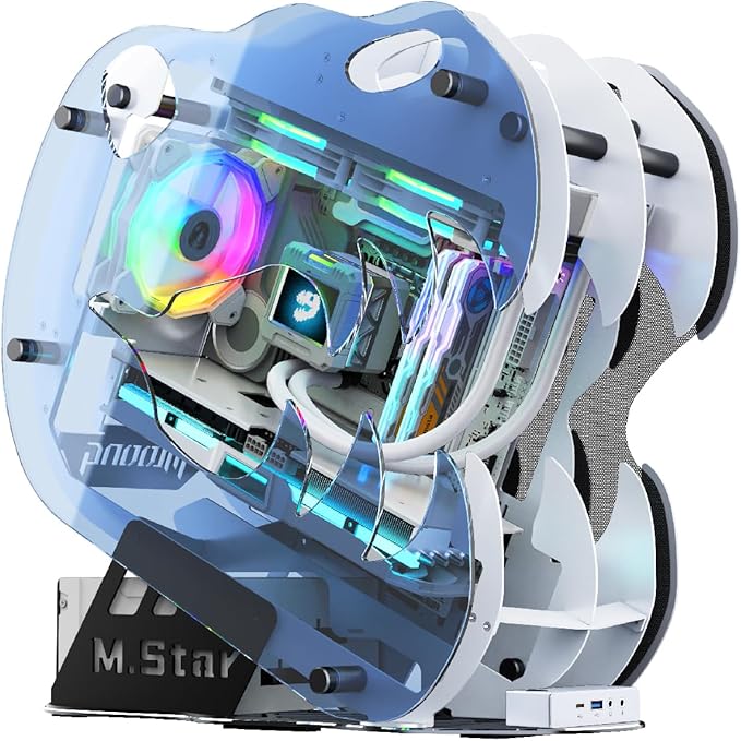 MegaPC Upgraded Open-Frame Mid-Tower Micro-ATX/Mini-ITX Gaming PC Case, Tempered Glass Side Panel, Pre-Installed ARGB PWM Fan, with USB3.0, USB-C, 240mm Radiator Support (Upgrade White)