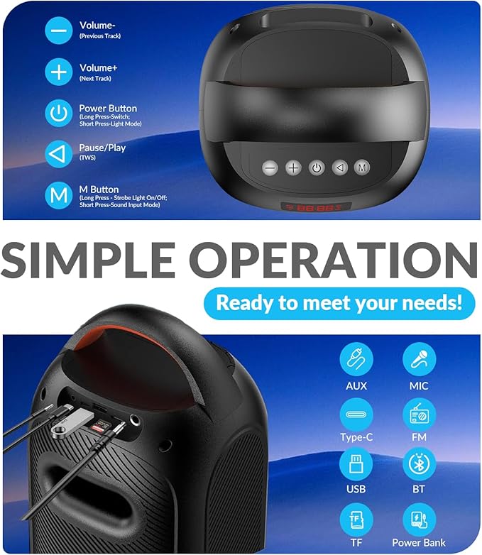 Portable Bluetooth Speaker with 120dB Loud Sound, Dynamic LED Lights, 5 RGB Modes, Bluetooth 5.3, USB/TF/AUX/FM/Mic Input/TWS, Built-in Handle, Party Speaker for Home, Outdoor, Party, Camping (RGB)