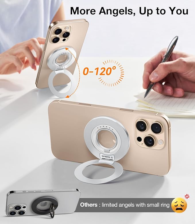 TORRAS 2025 Upgrade [Dual-Ring] Fit for MagSafe Phone Grip Ring Holder [Dual-Ring] Compatible with MagSafe Kickstand Magnetic for iPhone 16/15/14/13/12/11 Samsung, Google Accessories, Silver White