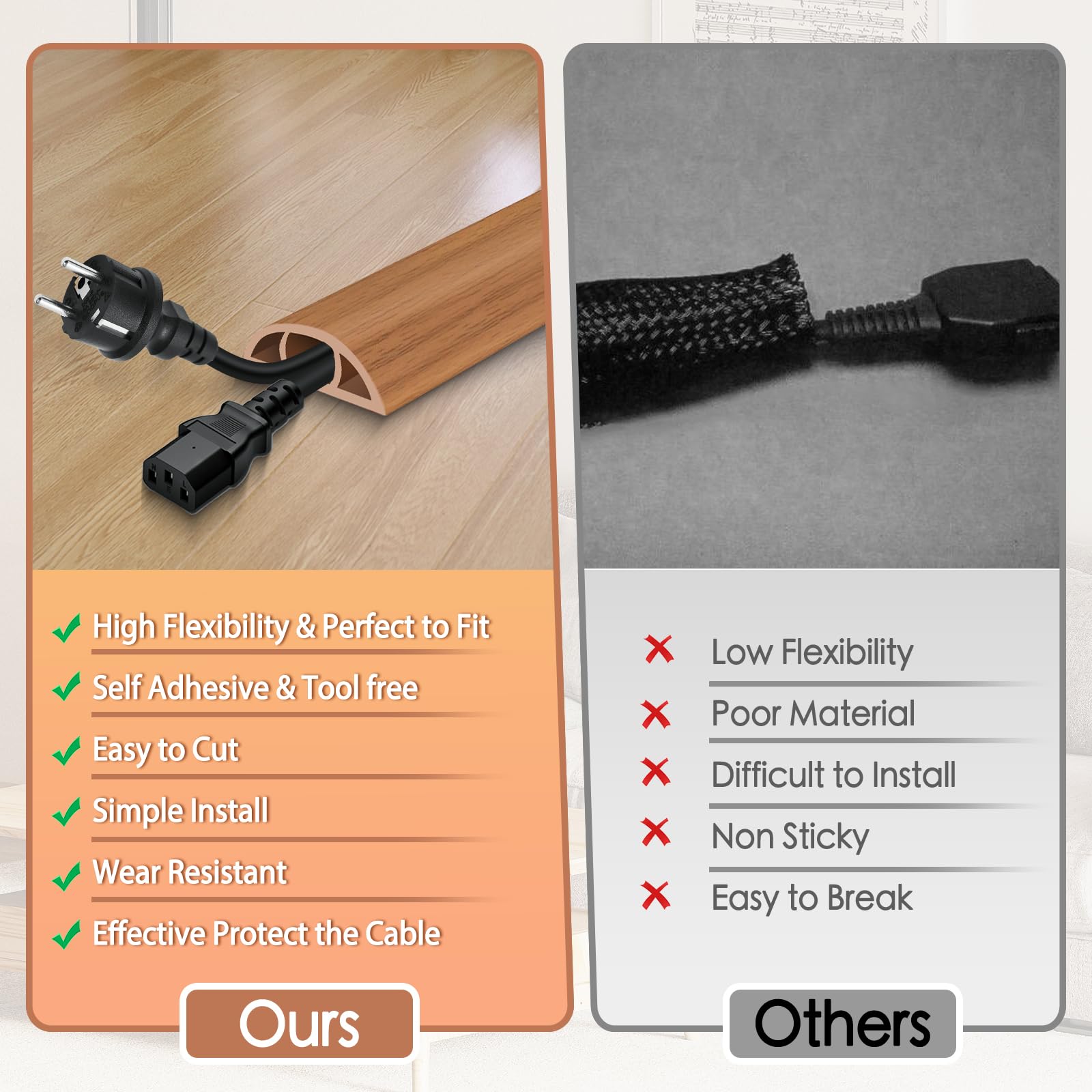 Floor Cord Cover for Wires on Floor Self Adhesive Cord Hider Floor Cable Management Wire Covers for Cords Protector Prevent Cable Trips Cord Cavity W 0.59" x H 0.31", Brown Wood, 3.3Ft