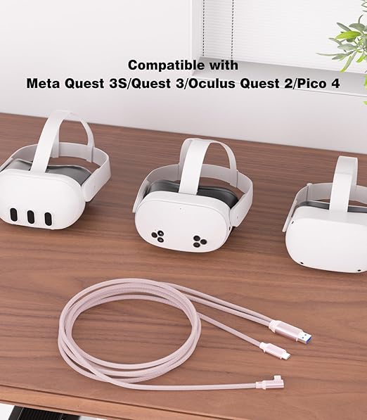 16FT VR Charging Link Cable | USB 3.0 High-Speed Data & Charge for Meta Quest 3S/3/2/Pro, Pico 4 and PC/SteamVR USB-C Charger Cord for VR Headset - Pink