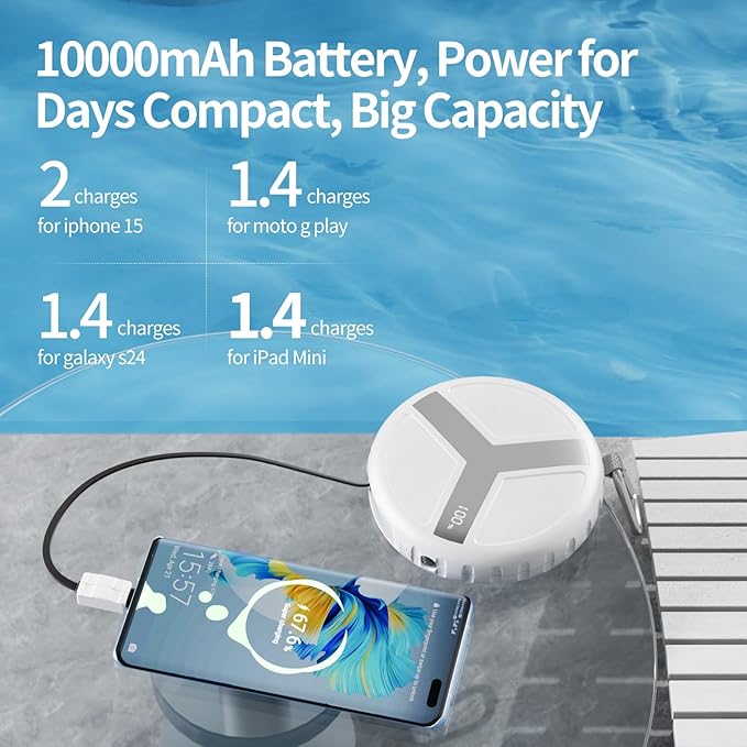 Vivilumens Rugged Power Bank Outdoor Charger 10000mAh USB-C Fast Charging Cable Retractable 25.5 inch Carabiner Wearable Smart Display & Flashlight Battery Pack for Hiking, Camping, Backpacking(White)