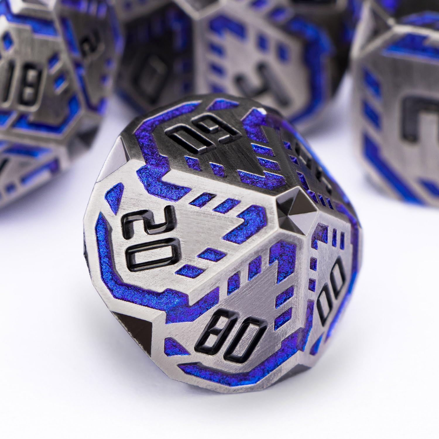 OGCOPHEN Metal DND Sci-fi Dice Set 7PCS Stripe Polyhedral Dice for Dungeons Dragons RPG Role Playing Game, Glitter D and D Dice with Gift Box D6 D8 D10 D12 D20 (Blue Purple&Grey)