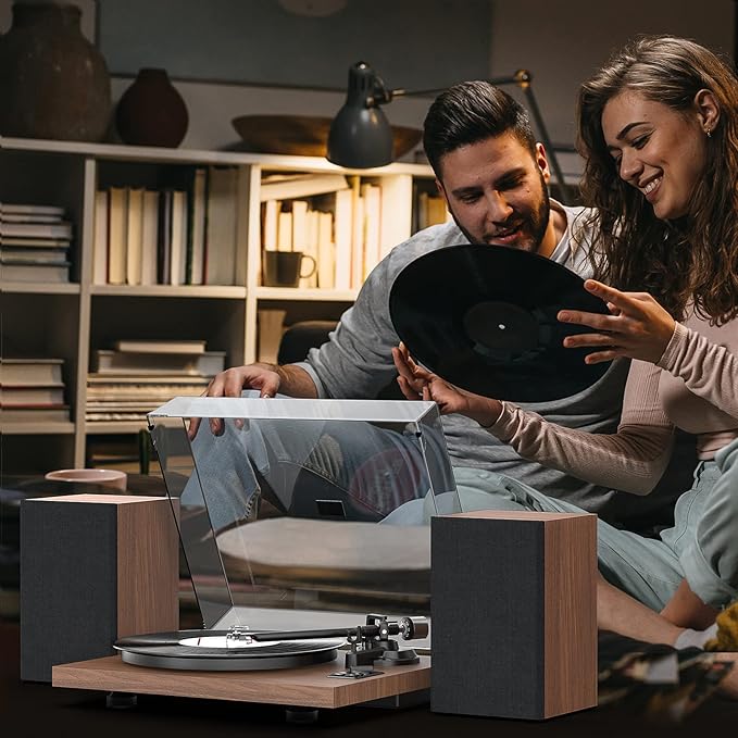 1 by ONE Bluetooth Turntable HiFi System with 36 Watt Bookshelf Speakers, Patend Designed Vinyl Record Player with Magnetic Cartridge, Bluetooth Playback and Auto Off