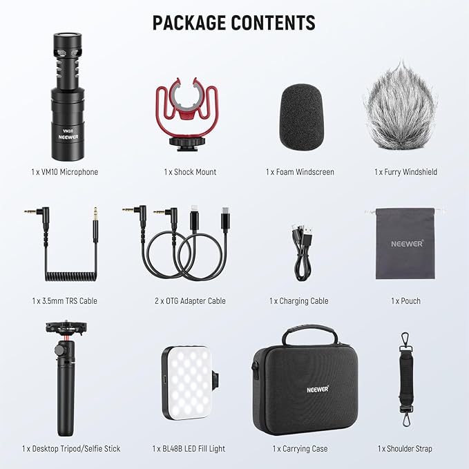 NEEWER Basics PA050 Vlogging Kit for iPhone Android Phone for YouTube TikTok Streaming Video Recording, Selfie Stick Tripod + Microphone + LED Fill Light, Youtuber Starter Content Creator Essentials