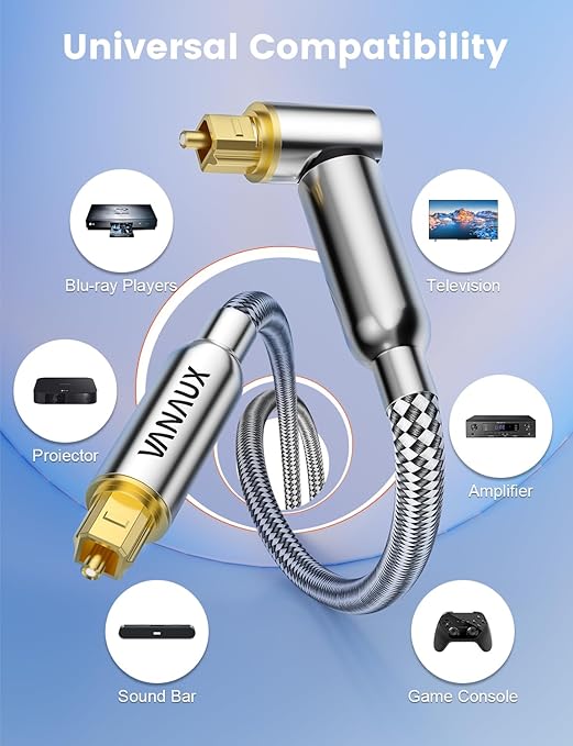 VANAUX 90-Degree Optical Audio Cable 10FT,Premium Fiber Optic Toslink Cable(24K Gold-Plated Connectors,Aluminum Alloy Shell,Braided Jacket)Ideal for Tight Spaces,Home Theater,Soundbars,Gaming Consoles