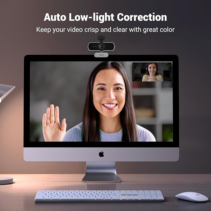 UGREEN Full HD 1080P Webcam with Microphone, 2 Noise-Canceling Mics, 85° Fov & Fixed Focus, Plug and Play, Auto Light Correction, Privacy Cover PC Camera for Zoom/Skype/Teams, Switch 2, Silver Gray