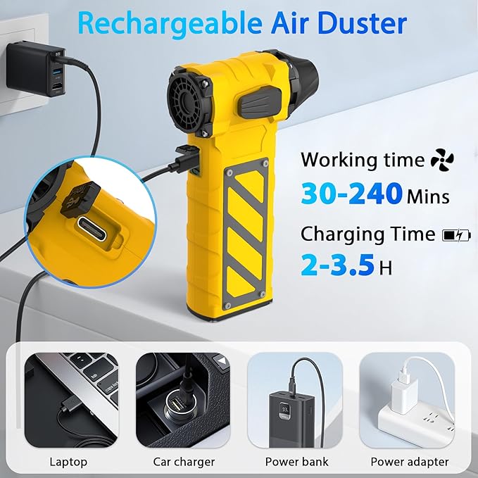 Electric Air Duster-Compressed Air Duster,60mph Wind Stepless Speed Canned Air for PC/Compute/Electronics/Home&Car Cleaning, 150000RPM Air Blower to Spray Air Can Dust Off Keyboard Cleaner (Yellow)