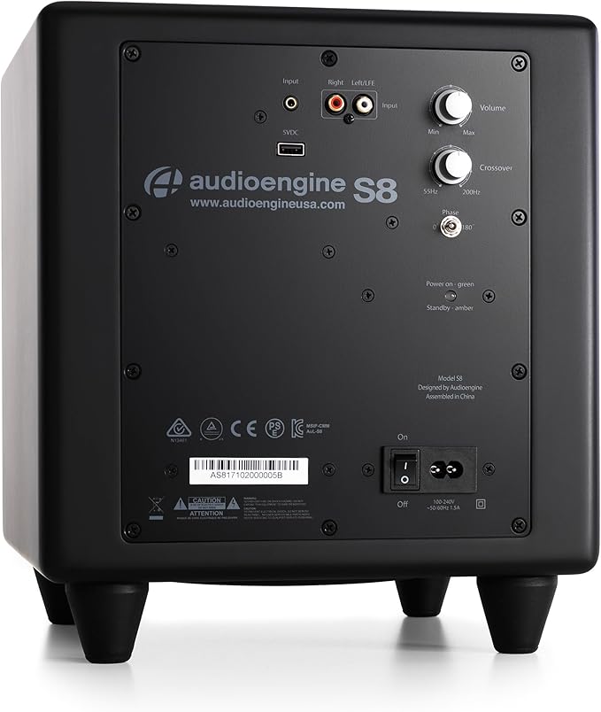Audioengine S8 Powered Subwoofer Speaker - 250W 8-inch Home Woofer with Built-in Amplifier and Dual Audio Inputs for Home Audio