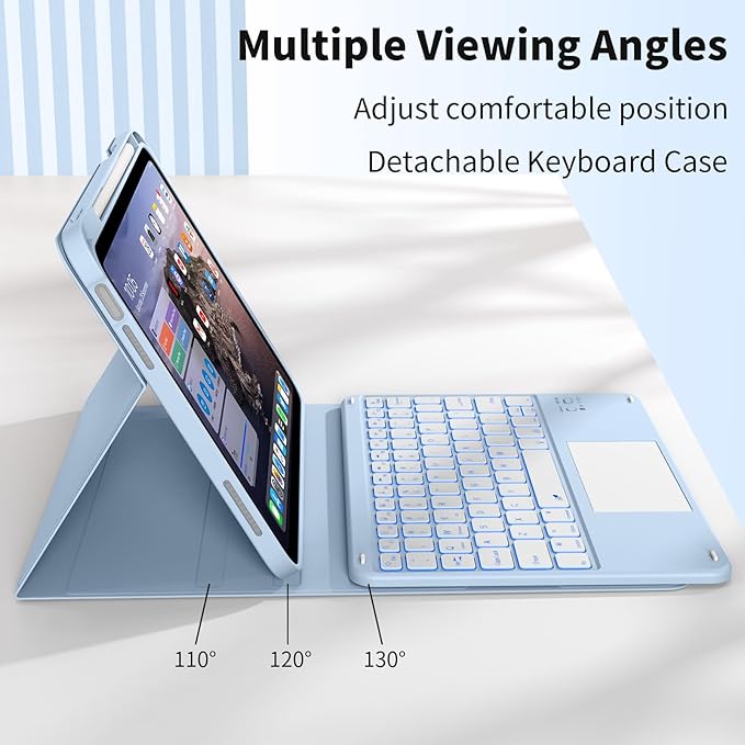 JKSML for iPad(A16) 11th/10th Generation Case with Keyboard (11/10.9 inch) 2025/2022, 7 Color Backlight Detachable Bluetooth Cover with Trackpad, Flip Stand Case Thin with Pencil Holder, White ice
