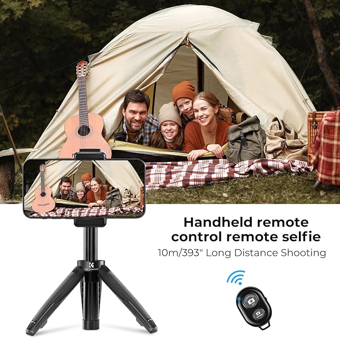 K&F Concept Selfie Stick Tripod, 360 Degree Rotation Mini Phone Stand with Ball Head and Cold Shoe Mount, Cellphone Holder with Wireless Remote for Smartphone Black