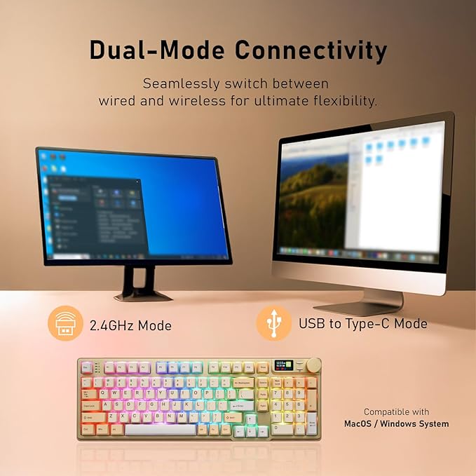 iRocks K85R Wireless RGB Backlit Mechanical Gaming Keyboard with LCD Display, Hot-Swappable Pre-lubed Switches, 98 PBT Keys, USB-C Detachable Cable (Light Golden, Silent Bubble Switch)