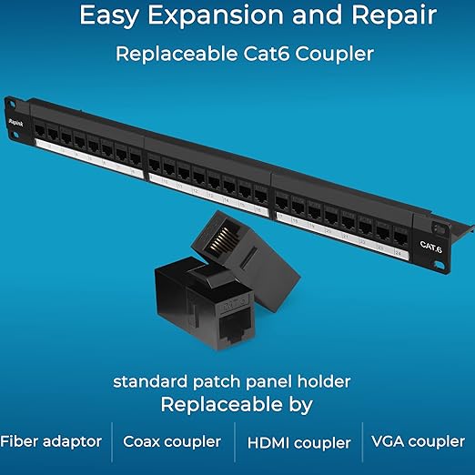 Rapink Patch Panel 24 Port Cat6 with Inline Keystone 10G Support, Pass-Thru Coupler Patch Panel UTP 19-Inch with Removable Back Bar, 1U Network Panel for Cat6, Cat5e, Cat5 Cabling