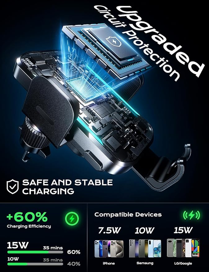 CHGeek Wireless Car Charger, 15W Fast Charging Car Phone Holder Charger Auto-Clamping Air Vent Car Phone Mount with Blue LED Backlit for iPhone 16 15 14 13 12, Samsung S24 S23 S22, etc