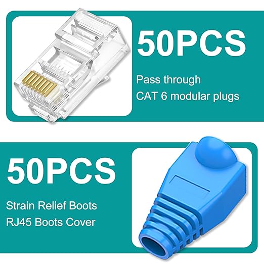 UTP RJ45 Connectors, Cat6 RJ45 Pass Through Plugs 50-Pack, Cat6 RJ45 Plugs with 50-Pack Strain Relief Boots for Solid or Standard Ethernet Cables, Transparent