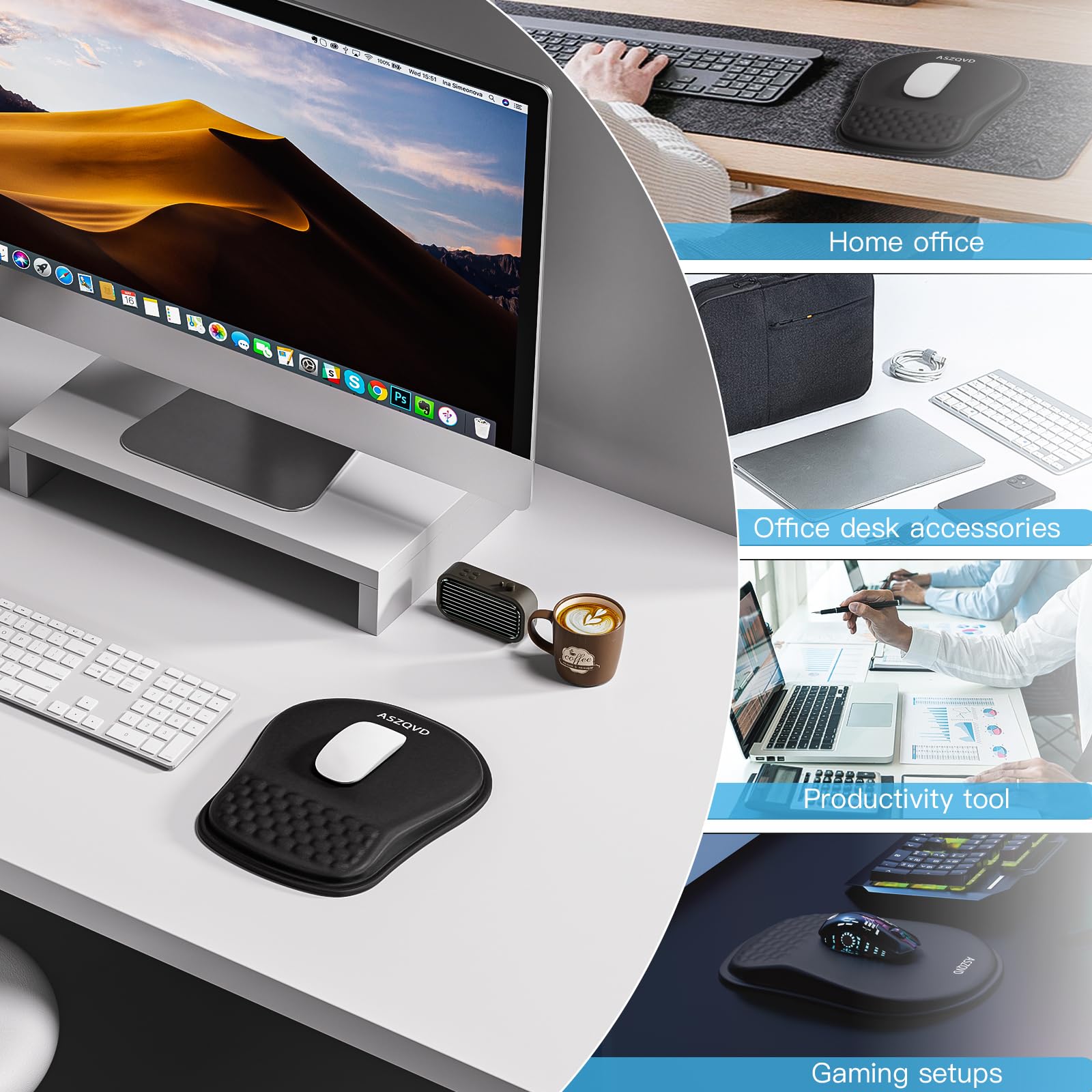Aszqvd Mouse Pad with Wrist Rest, Ergonomic Mousepads with Wrist Support, Soft Lycra Fabric Memory Foam Office Desk Accessories for Comfort/Pain Relief/PC Gaming/Computer/Laptop (Black)