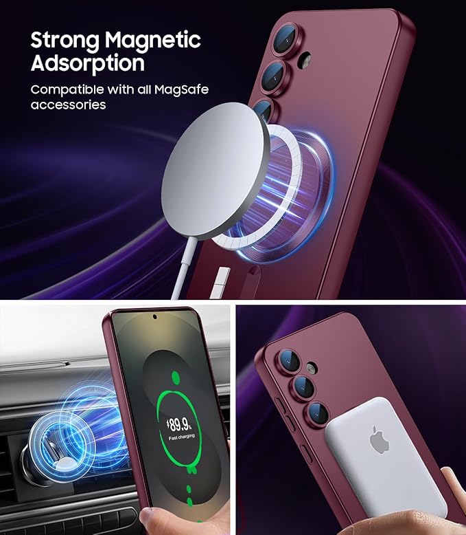 Magnetic for Samsung Galaxy S25 Case [Compatible with MagSafe][Built-in Camera Lens Protector] Slim Soft Silicone Bumper Shockproof Metallic Luster Phone Shell (Burgundy)