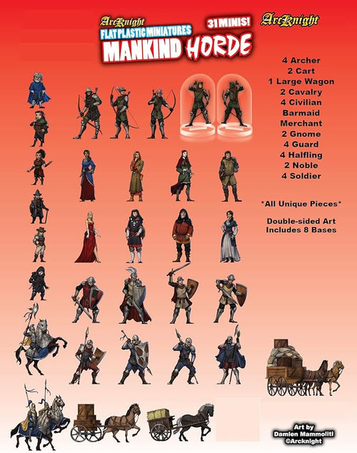 Arcknight Flat Plastic Miniatures: Mankind Horde; 31 Unique Human-Themed Enemy Minis for DND 5e and Pathfinder; Affordable, Skinny Figurines for Dungeons and Dragons and Other Tabletop RPG Games