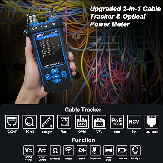 NOYAFA NF-8508 Network Cable Tester with Optical Power Meter, CAT5 CAT6 Cable Toner Ethernet Cable Tester, RJ45 Network Tester, VFL PoE QC Test Wire Tracer Port Flashing 200M Length Test