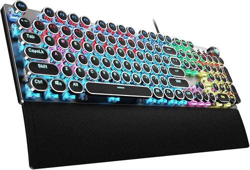 AULA F2088 Typewriter Mechanical Keyboard, White Retro Wired Gaming Keyboard with Blue Switches, Rainbow Backlit, Round Keycaps, Media Knob & Removable Wrist Rest