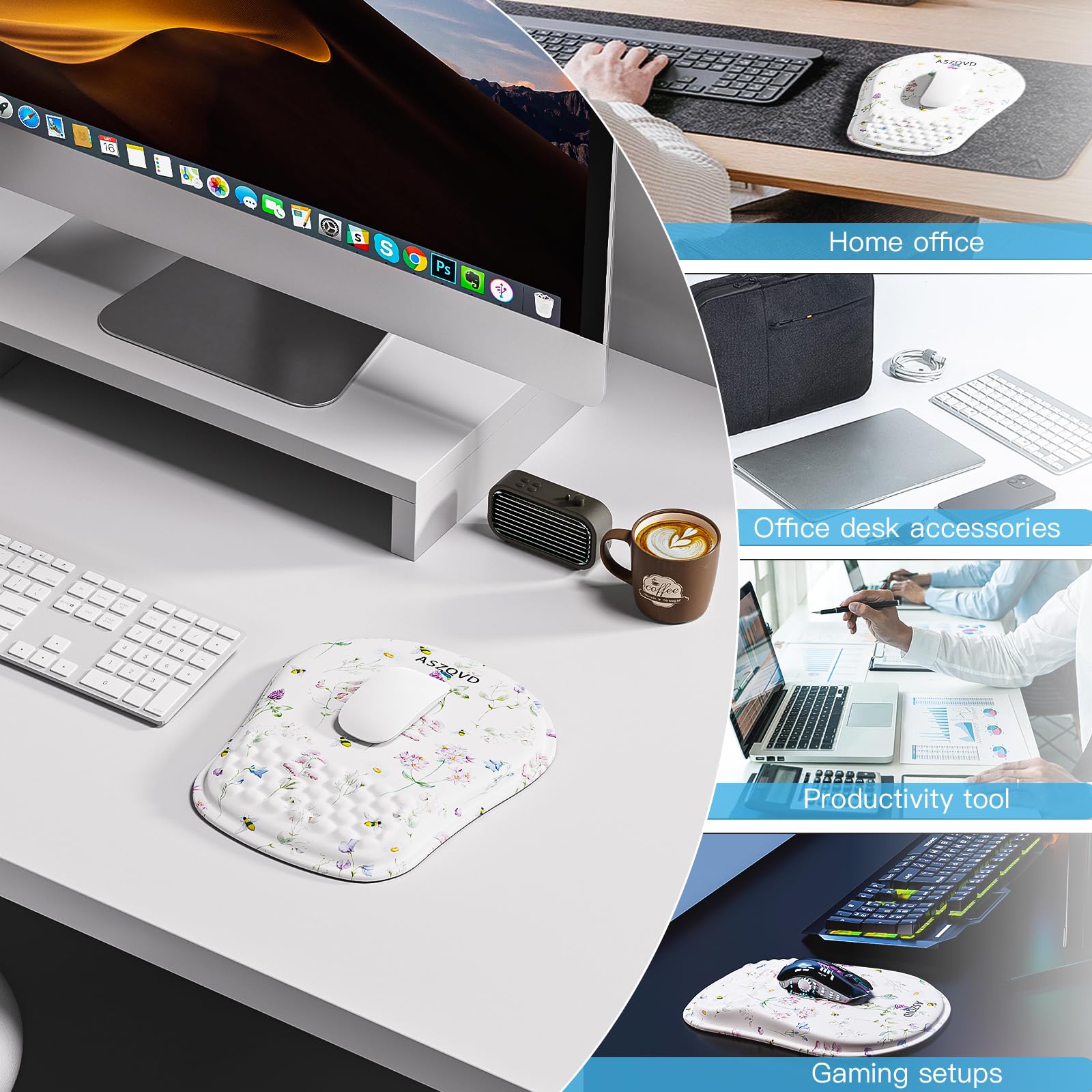 Aszqvd Mouse Pad with Wrist Rest, Ergonomic Mousepads with Wrist Support, Soft Lycra Fabric Memory Foam Office Desk Accessories for Comfort/Pain Relief/PC Gaming/Computer/Laptop (White Wild Plant)