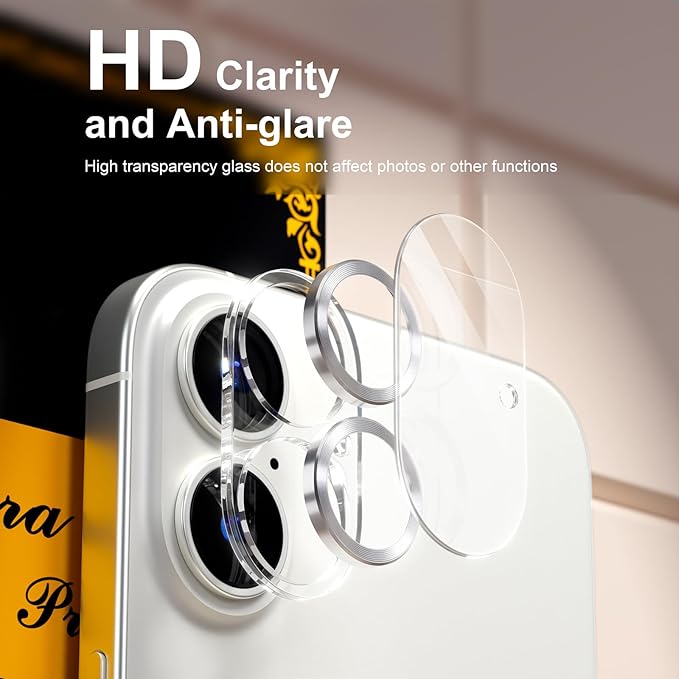 beuxece for 6 Pack iPhone 16 / iPhone 16 Plus Camera Lens Protector [Drop Protection] [Case Friendly] [Easy Installation] 9H Tempered Glass Camera Screen Protector Cover Accessories, CD Silver