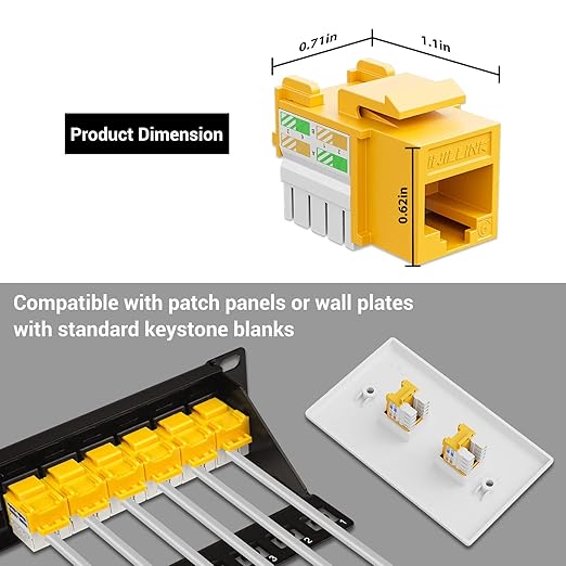 Iwillink 10Gbps Cat6 Keystone Jack, RJ45 25-Pack and Punch-Down Stand, UTP Modular Ethernet Insert 90-Degree, Punch Down Adapter, Yellow