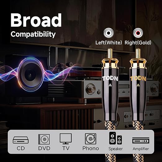 TODN RCA Cables Audiophile 3ft HiFi Stereo RCA Audio Cable for Car, Speaker | O-C-C Core, Dual Shielded, 5μ Gold Plated Plug (3 ft/1m, 1 Pair)