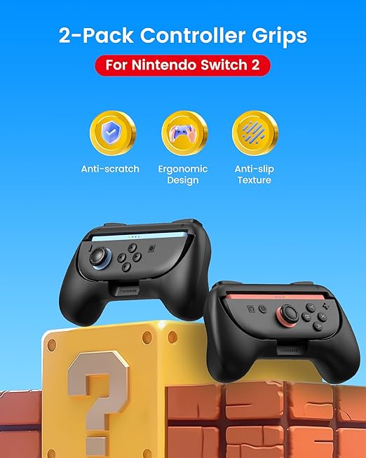 TRANSNOVO Hand Grips for Switch 2，Wear-Resistant Switch Accessories Controller Grips for JoyCon，2 Pack Comfort Handles (Black)