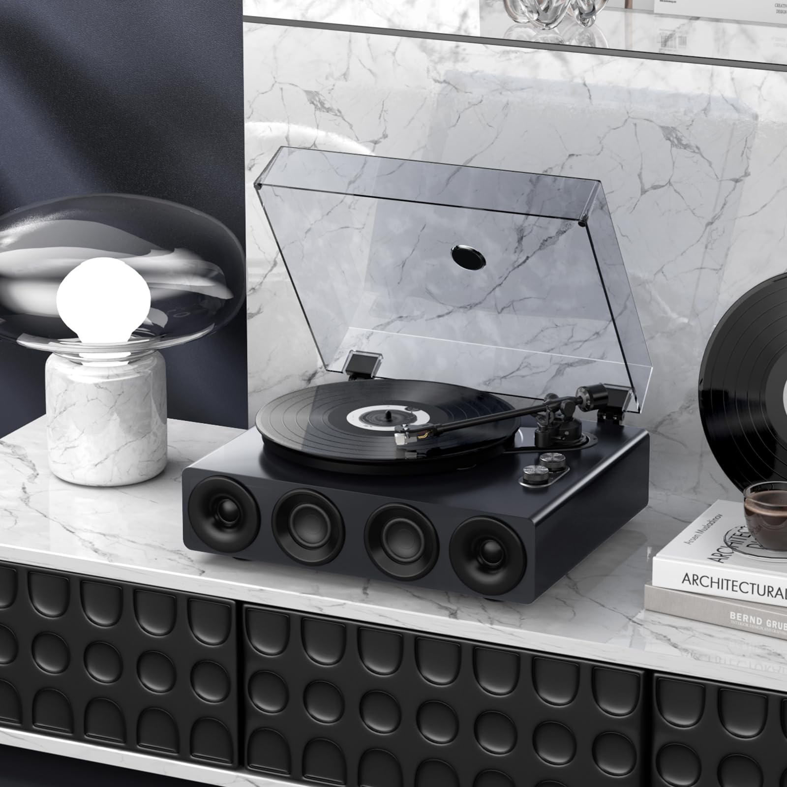 1 BY ONE HiFi Vinyl Record Player with Bluetooth Input, Piano Lacquer Grey