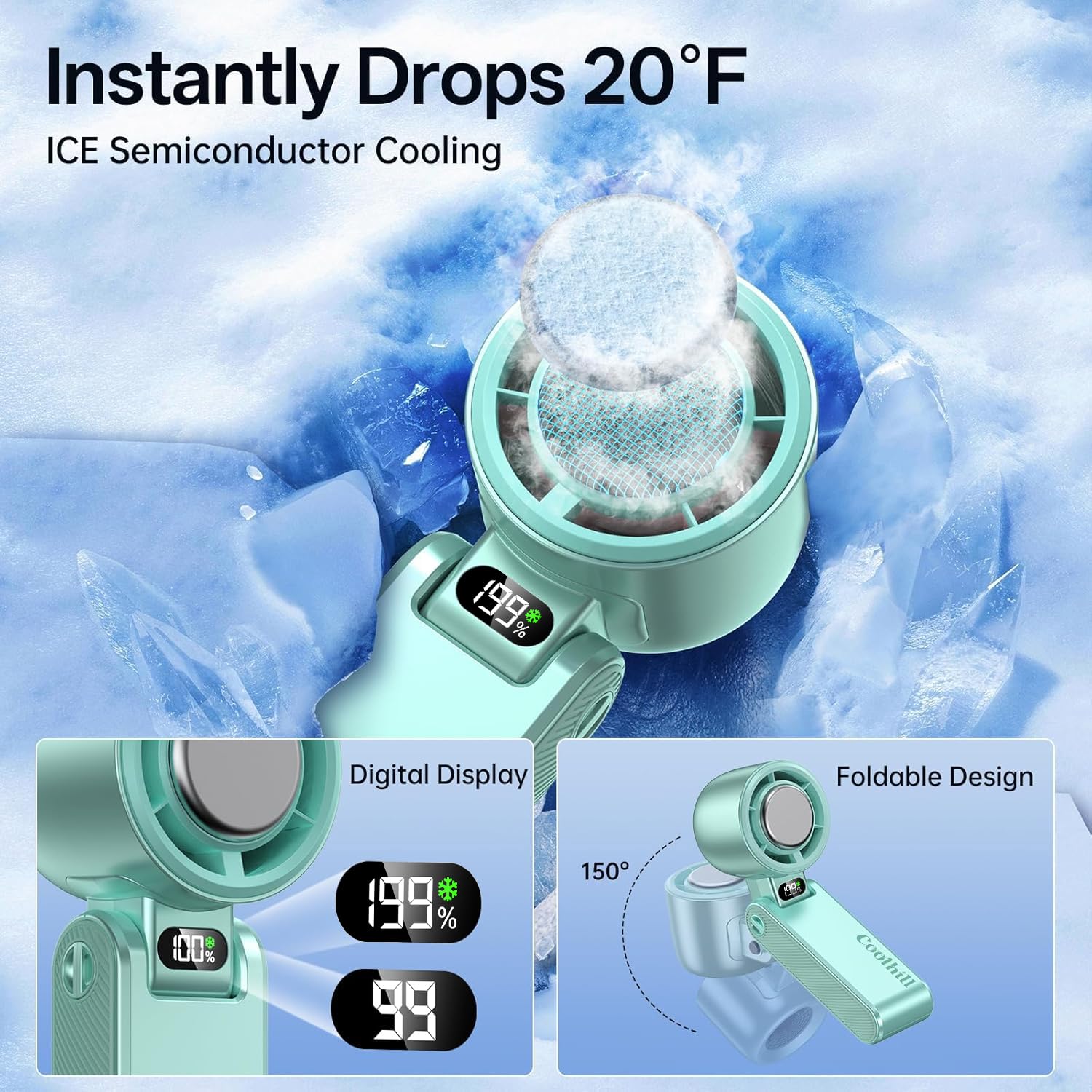 Coolhill Pro Handheld Portable Fan with Ice Cooler 199-Speed 5500mAh