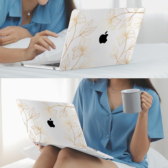 Mektron for 2025 M4 MacBook Air 13.6 Inch A3240 Case Fits 2023 A2681 M2 2024 A3113 M3 Chip with Liquid Retina Display Touch ID, Printed Plastic Hard Shell Cover for MacBook Air 13.6", Gold Flower S718