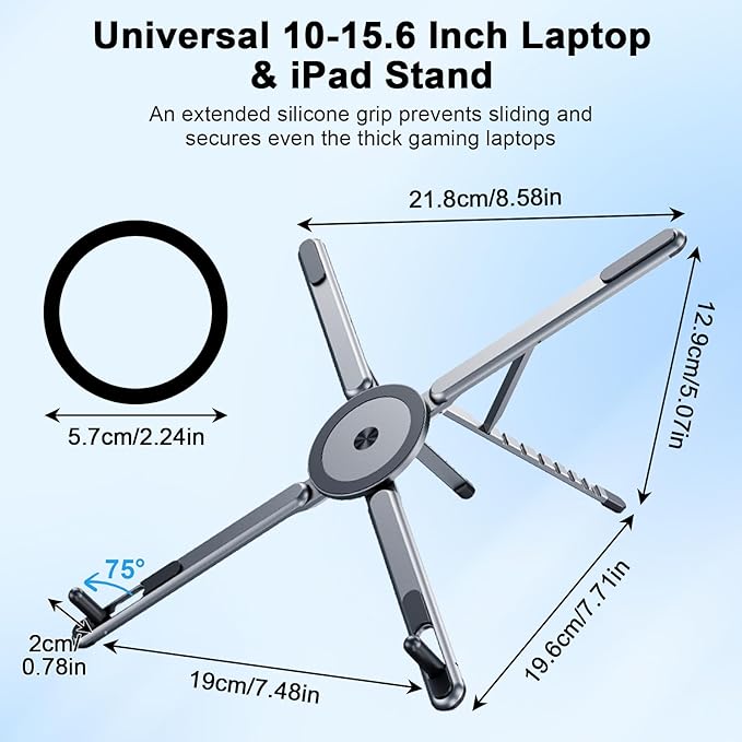 Foldable Laptop Stand for Desk, All-in-One Portable Holder for Laptop, Phone & Tablet with Magnetic Mount - 8-Angle Adjustable Aluminum with Non-Slip Base for 10-15.6" Laptops