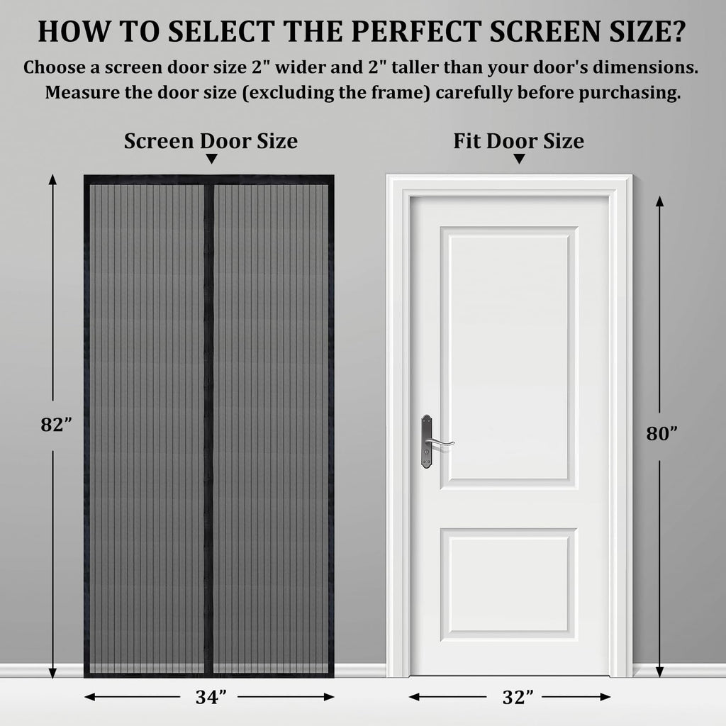 Magnetic Screen Door - Self Sealing, Heavy Duty, Hands Free Mesh Partition Keeps Bugs Out Let Breeze in- Pet and Kid Friendly - Keep Open Feature (Black, Fit Door Size 32 x 80 Inch)