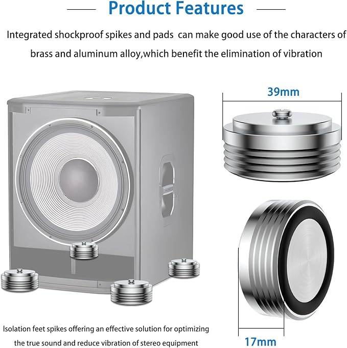 Audiocrast IF3917S HiFi Speaker Isolation Feet Pads 4PCs Aluminum 39x17mm Silver Speaker Shock Absorber Vibration Dampener Floor Protector for Audio Speaker Subwoofer CD DVD Amplifier Turntable DAC