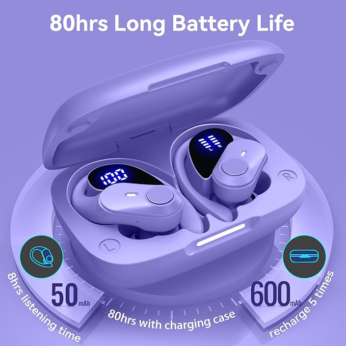 GOLREX Active Noise Cancelling Ear Buds Wireless Earbuds Bluetooth Headphones with 80H Playtime LED Display Wireless Charging Case, Over-Ear Hooks Earbud for Sports Running Gym Workout Purple