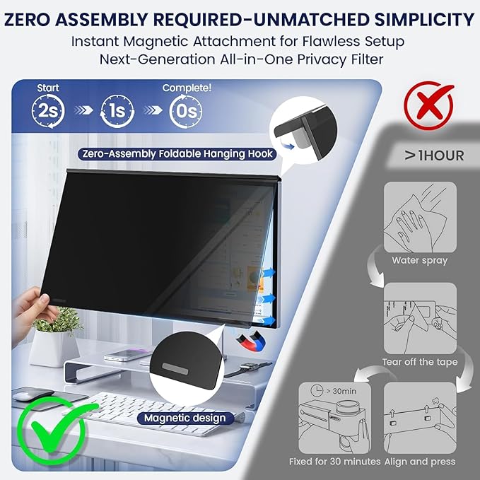 Magnetic 22 Inch Privacy Screen for Frameless Computer Monitor 16:10 Aspect Ratio,Hanging Blue Light Screen Protector Eye Protection Anti-Spy Shield, 22in Removable Privacy Filter