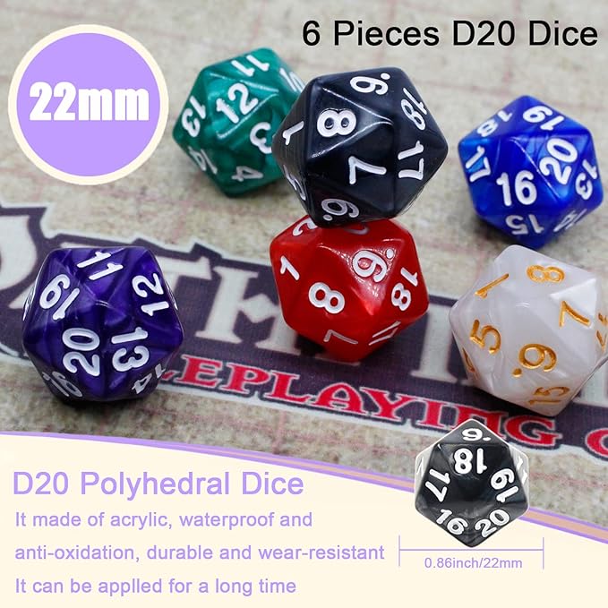 Handan 6 Pieces D20 Polyhedral Dice,20 Sided DND Dice,22mm Large Pearl Mixed Color Dices Assortment D20 Dice,20 Sided Cube D&D Dice Set for Dungeons and Dragons, RPG, MTG Table Games(6 Colours)