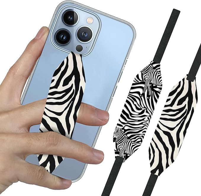 Phone Grip Strap - Pack of 2 Reversible Finger Holder for Phone Back, Customizable Anti-Slip Design, Wireless Charging Compatible Detachable Holder for iPhone - Zebra Patterns