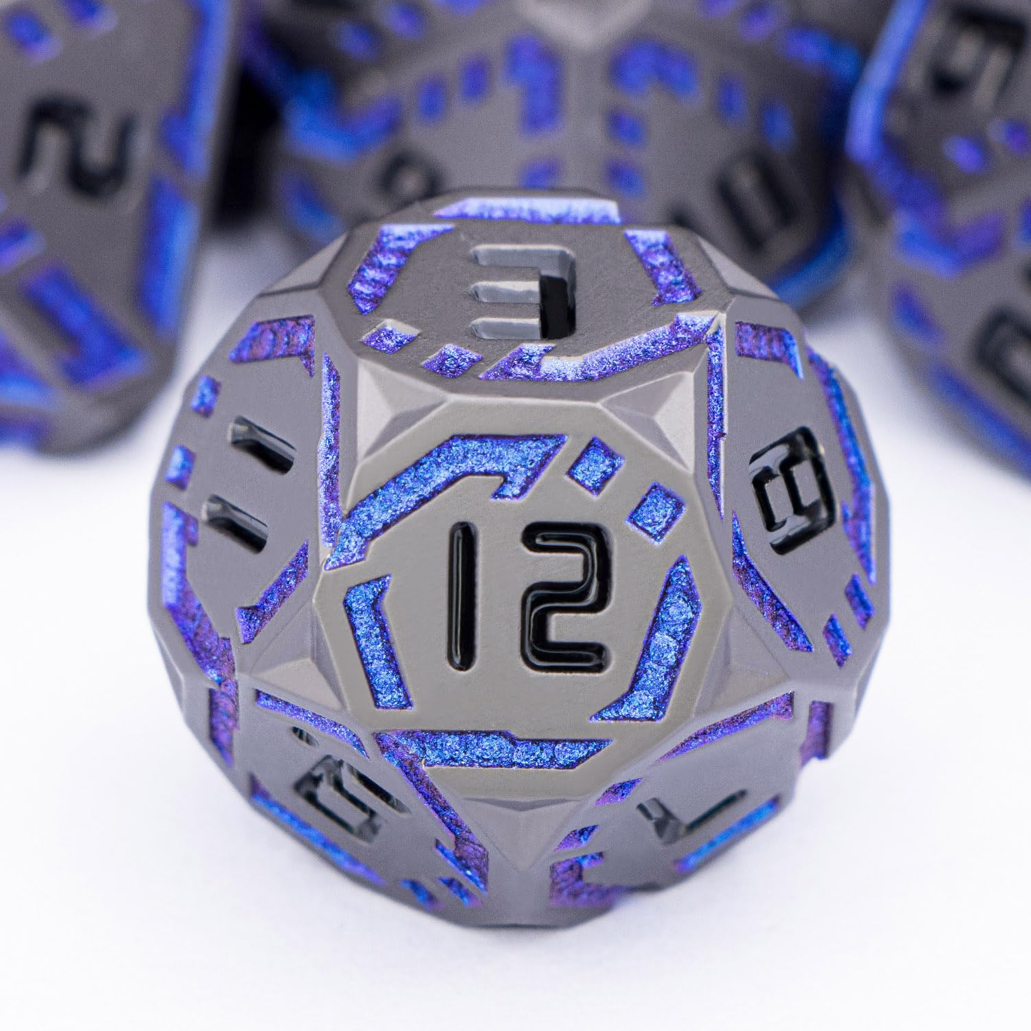 OGCOPHEN Metal DND Sci-fi Dice Set 7PCS Stripe Polyhedral Dice for Dungeons Dragons RPG Role Playing Game, Glitter D and D Dice with Gift Box D6 D8 D10 D12 D20 (Black&Blue Purple)