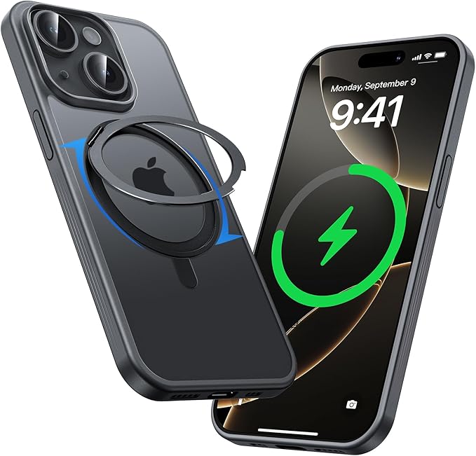 MAGIC JOHN 360° Rotatable Magnetic Invisible Stand for iPhone 14/iPhone 13 Case [Anti-Slip Grip] [Compatible with MagSafe] 16FT Shockof for iPhone 14/13 Case with Kickstand, Black